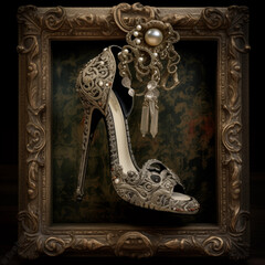 Baroque Fantasy High-Heeled Stiletto Ankle Bootie Framed by Intricate Gold Scrollwork, Embodying Victorian Opulence, Fashion, and Vintage Luxury Style.