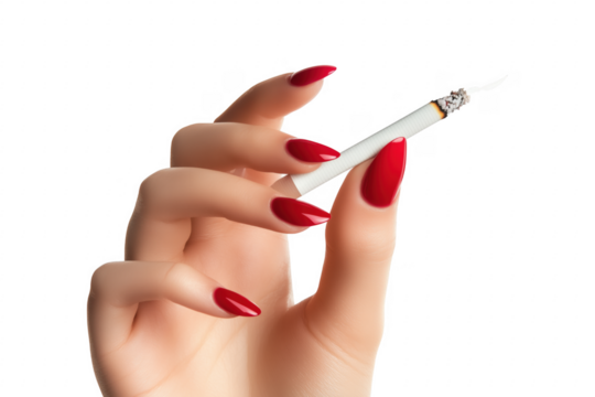 Woman holding lit cigarette red nails isolated on a transparent background