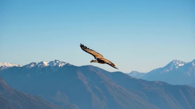 Eagle soaring high above the majestic snowcapped mountains on a clear day