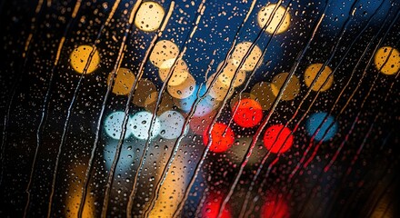 Raindrops streak across a window with blurred colorful city lights creating a dreamy bokeh effect at night.