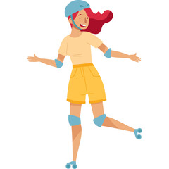 Illustration of a smiling woman with red hair wearing a blue helmet and yellow shorts while rollerblading with protective knee and elbow pads on a transparent background