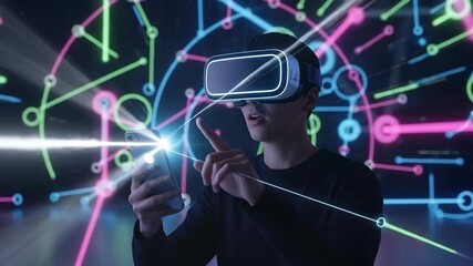 4k shot of a young man wearing a VR headset and interacting with a smartphone against a vibrant, futuristic background with glowing neon lines and a high-tech, immersive - Powered by Adobe