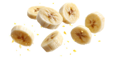 Freshly sliced banana pieces floating isolated on transparent background
