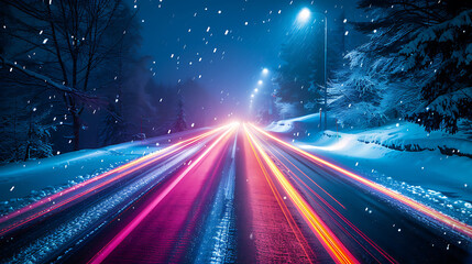 Long exposure of car light trails on a snowy road at night with falling snow