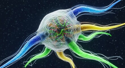 Vibrant nerve cell with colorful extensions communicating signals in a dark, abstract space.