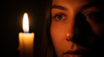 Young woman's face illuminated by the warm glow of a single candle in the dark.