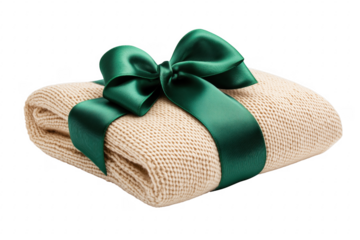 Knitted blanket tied with emerald ribbon isolated on a transparent background