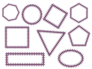 Assortment of geometric purple decorative frames and borders in various shapes like circle, square, triangle, and hexagon, isolated on transparent background