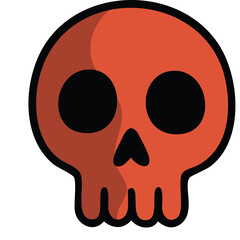 Illustration of a stylized red skull with black eye sockets and a grinning mouth against a transparent background