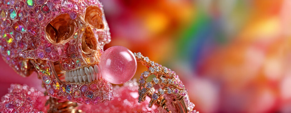 Close-up of a skeleton encrusted with pink crystals blowing a bubblegum bubble against a colorful background, banner