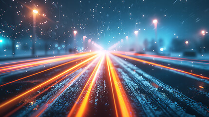 Abstract light trails of a city street at night with glowing bokeh and stars