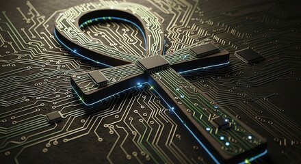 Ancient symbol of life transformed into futuristic digital circuitry