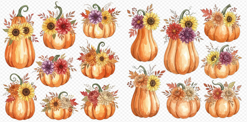 Watercolor illustration of pumpkins decorated with sunflowers and fall flowers.