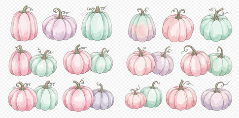 Pastel watercolor pumpkins in pink, purple, and green on a transparent background.