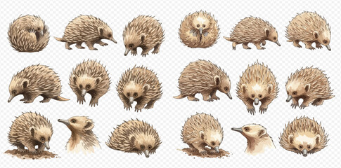 A collection of watercolor echidna illustrations in various poses.