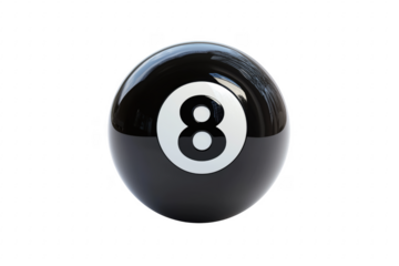 Black billiard ball with white eight isolated on a transparent background