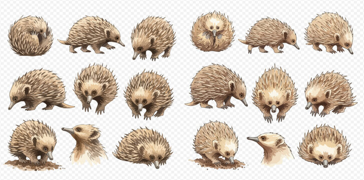 A collection of watercolor echidna illustrations in various poses.