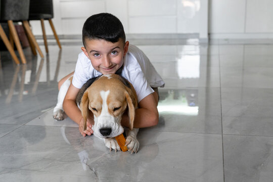 A young boy smiles while resting on a tiled floor beside his beagle. The dog focuses on chewing a tasty treat, showcasing their friendship in a cozy home setting.