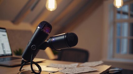 Two professional studio microphones set up on a wooden desk with a laptop and scattered papers, creating an ideal home office environment for podcasting, streaming, and content creation