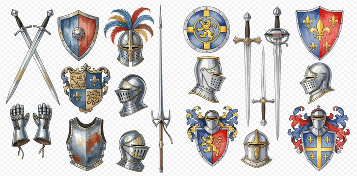 Illustration of medieval knight armor, shields, swords, and helmets on a white background.