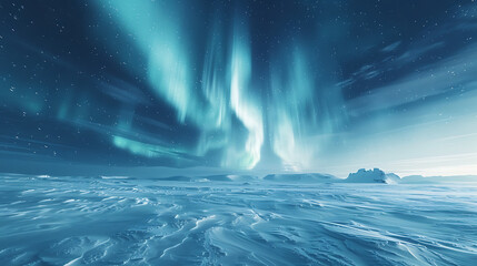 Fototapeta premium Vibrant aurora borealis lights dance above a vast frozen arctic landscape