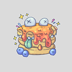 A stack of pancakes with eyes, syrup, and blueberries, resembling a monster with drool and stars around. Cartoon vector character. Trendy style. Vector illustration.