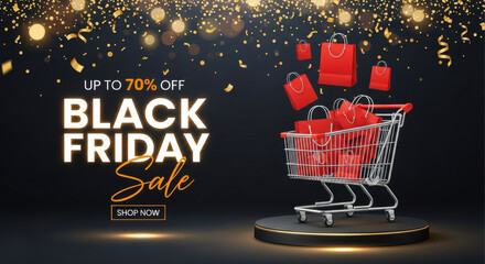 Black friday sale up to 70 percent off with shopping cart full of gifts and confetti