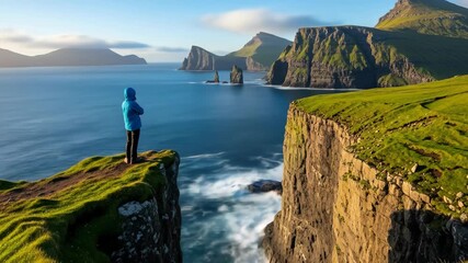 A person in a blue jacket looks out at a dramatic coastal scene