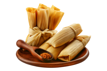 Peru Corn tamales with meat filling and steamed vegetables, wrapped in corn husks on wooden plate, isolated on white transparent background, concept of traditional cuisine