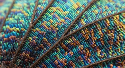 Intricate iridescent scales on a butterfly wing reveal a mesmerizing, vibrant natural pattern.