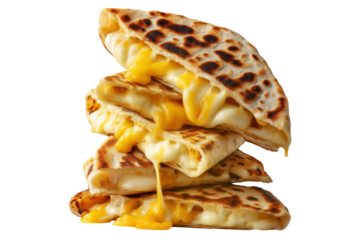 Grilled cheese quesadilla or Cachapas sweet corn pancakes with melted white cheese stacked, isolated on white transparent background, concept of Venezuela street fast food