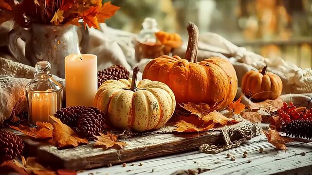 Autumn Harvest Home Decor: Pumpkins, Candles, and Fall Leaves Arrangement