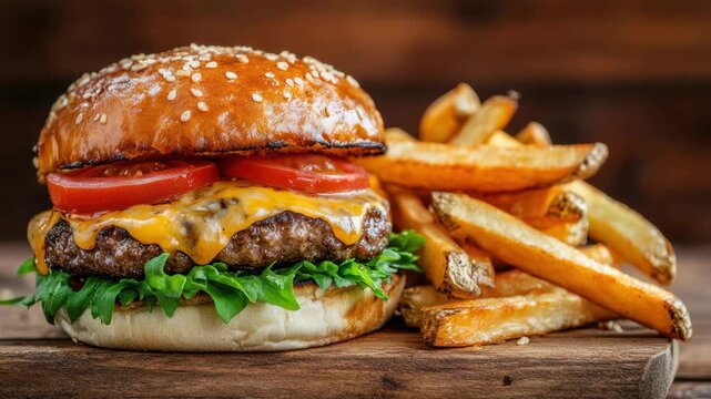 Juicy burger topped with cheese, fresh tomatoes, lettuce, and crispy fries for perfect fast food