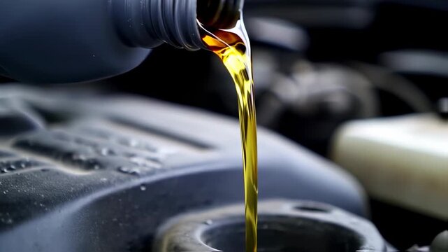 Pouring viscous, amber liquid from a dark gray bottle into a vehicle's engine compartment