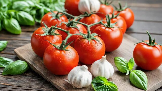 Fresh vegetables with garlic and basil on wooden board highlight vibrant tomatoes in culinary scene