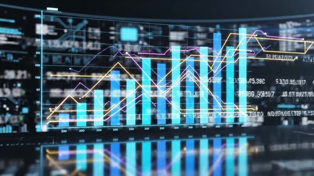 Dynamic financial data chart with glowing blue bar graphs and rising line analytics representing digital stock market growth, business success, and futuristic finance technology visualization - Powered by Adobe