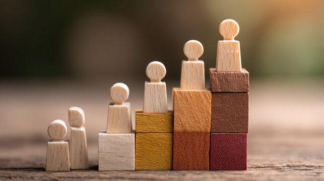 Wooden figurines ascend a staircase-like structure, symbolizing progress and hierarchy. The arrangement suggests growth and development, with figures positioned at varying levels