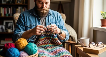 Bearded man knitting a colorful patterned sweater while relaxing indoors