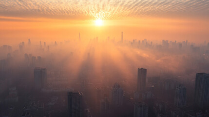 Sunlight piercing through a pollution haze, creating warm rays diffused by smog. A striking environmental scene symbolizing urban air quality, climate awareness, and the contrast between nature and hu
