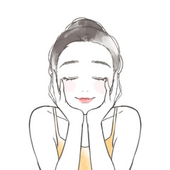 スキンケアをする女性の水彩風ベクターイラスト