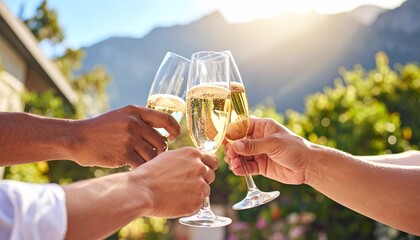 Close-up of diverse friends toasting with glasses of champagne at a sunny outdoor garden party