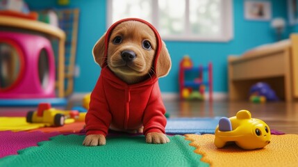 Adorable puppy in red hoodie sitting in playroom cute pet photography dog portrait indoor
