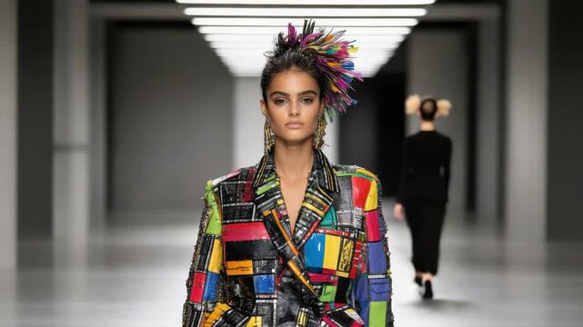 Colorful fashion model struts vibrant bold outfit with striking accessories and unique style