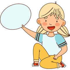Illustration of a Young Blond Girl with Pigtails Wearing a Blue and White T-shirt and Yellow Pants Holding a Light Blue Speech Bubble in a Sitting Pose