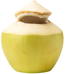 Fresh aromatic coconut drink with top cut open and flat base, isolated on transparent background.