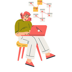Illustration of a woman with pink hair wearing a green shirt and white pants sitting on a stool using a pink laptop with a network diagram in the background on a transparent background