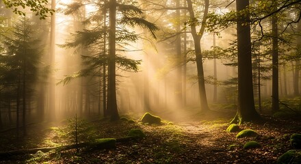 Obraz premium Golden sunlight streams through a misty forest, illuminating tall trees and a mossy ground with ethereal light.