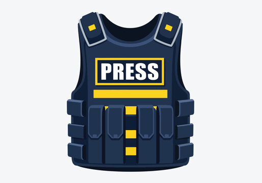 Illustration of a dark blue press vest with yellow accents and the word "PRESS" on the front.