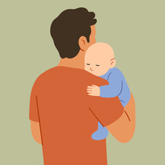 Father Holding Sleeping Baby. Minimalist Flat Illustration in Warm Pastel Colors
