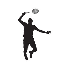 Badminton player silhouette in action, jumping to smash the shuttlecock. Vector graphic of an athlete in a sports game, isolated on a white background.
